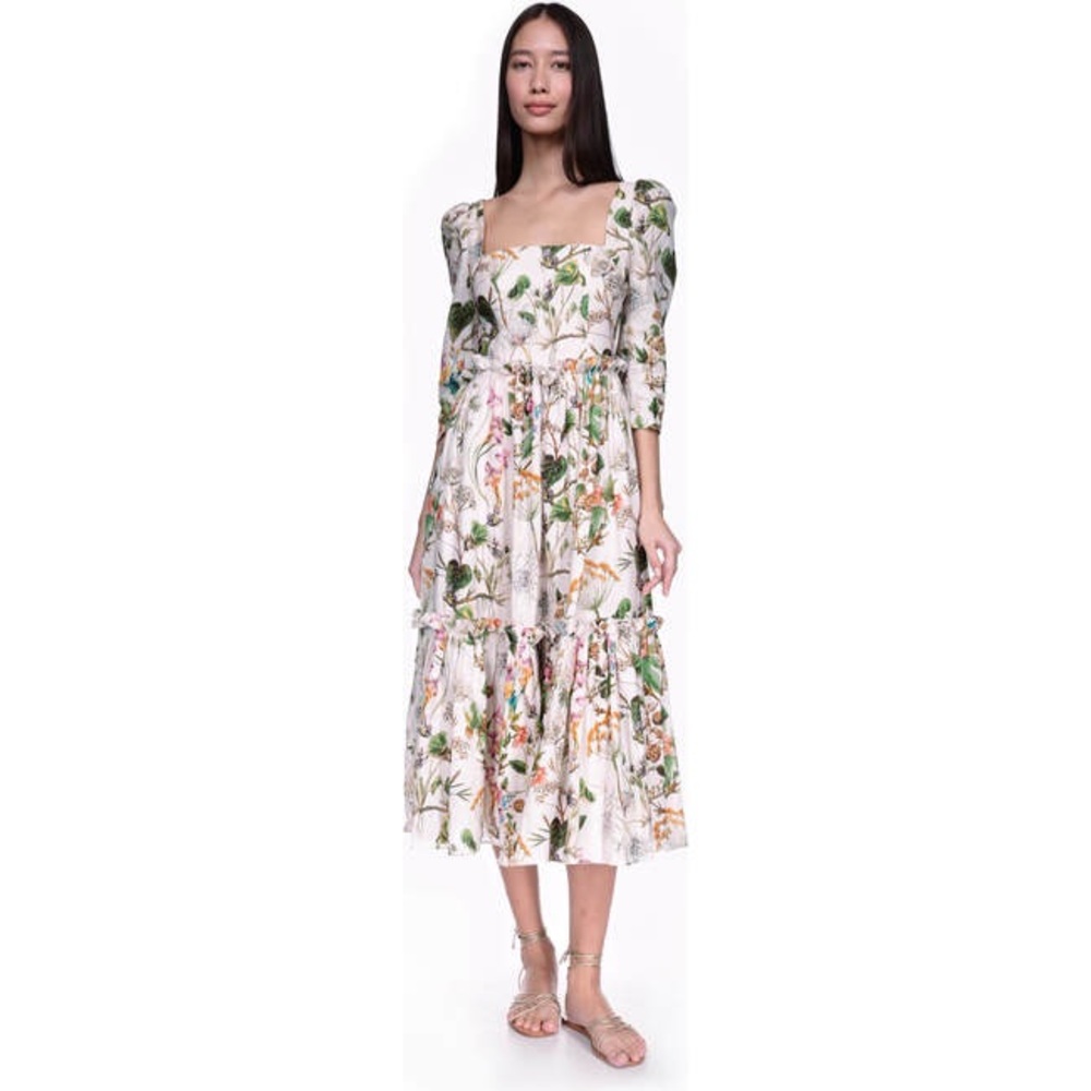 Cara Cara Size 8 Women's Blue Hill Square Neck Whimsical Ivory Dress
